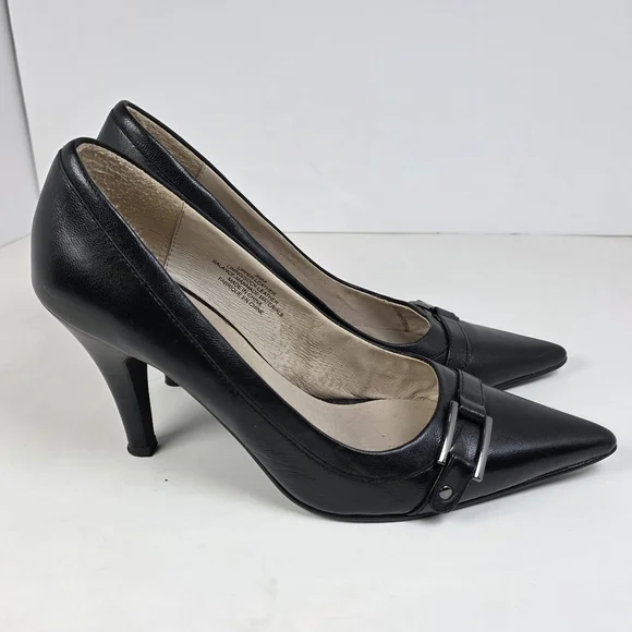Roberto Vianni Black Leather Buckle Stiletto Heels - Picture 2 of 9